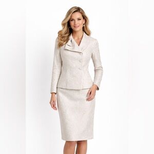 Le Suit 2PC Skirt Suit Petite Double Breast Bow Shiny Floral church professional